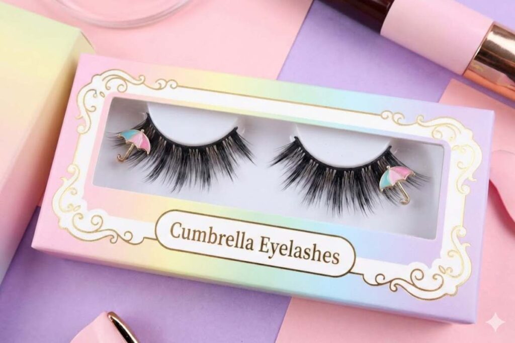 The Cumbrella Eyelashes Trend Explained by Buz Business Close-up of Cumbrella Eyelashes packaging featuring dramatic false lashes with miniature umbrella details, displayed in a pastel-colored box on a makeup vanity surface.
