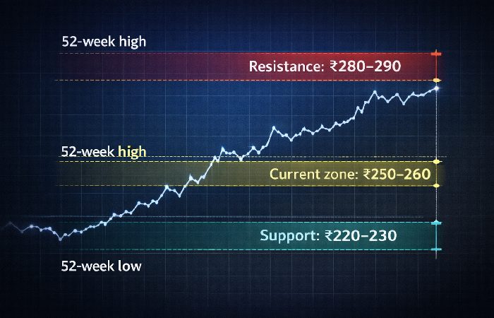 Apollo Micro Systems share price chart showing 52-week range with support and resistance levels