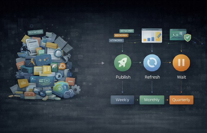 Visual comparison showing an overloaded SEO tool stack simplified into decision-focused features.