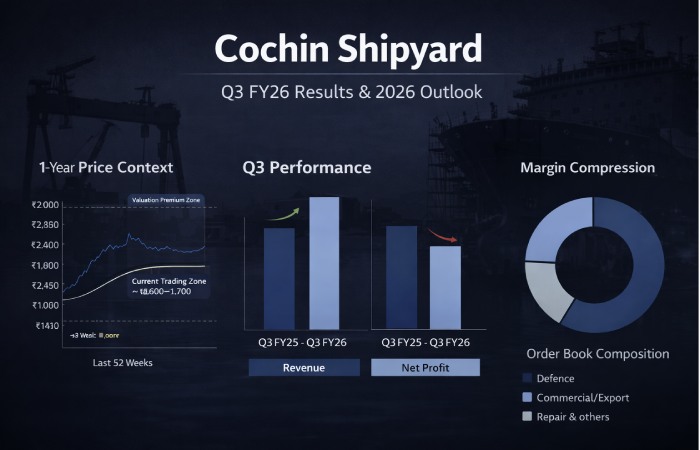 Cochin Shipyard Q3 FY26 financial performance overview showing price context, revenue growth, profit decline, margin compression and order book composition
