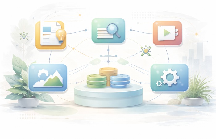 Illustration showing how free Google AI tools work together across writing, research, images, video, and workflows.