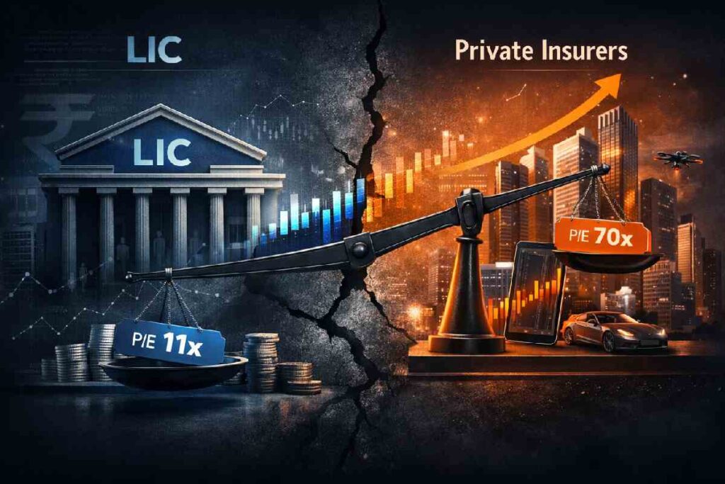 LIC Share Price: Why the Stock Looks Cheap but Isn’t Illustration showing LIC’s share price valuation discount compared to private insurers, highlighting transition risk and market competition