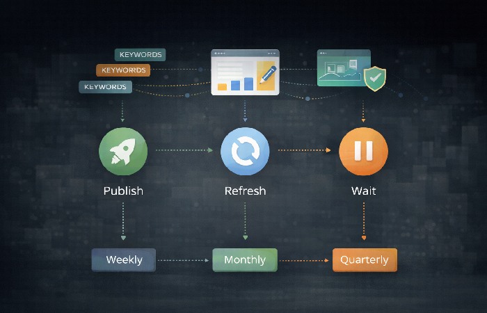 Diagram-style illustration showing how SEO features map to publishing, refreshing, and prioritization decisions over time.