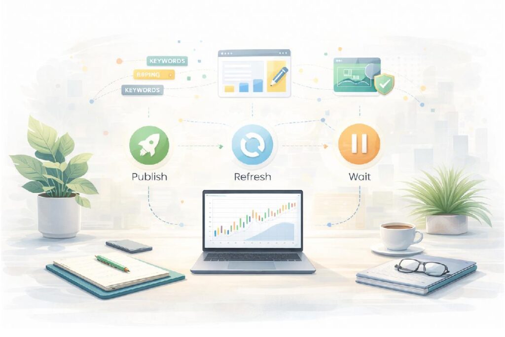 10 SEO Software Features That Actually Move Rankings Illustration showing SEO data and tools guiding decisions about what content to publish, refresh, or ignore.