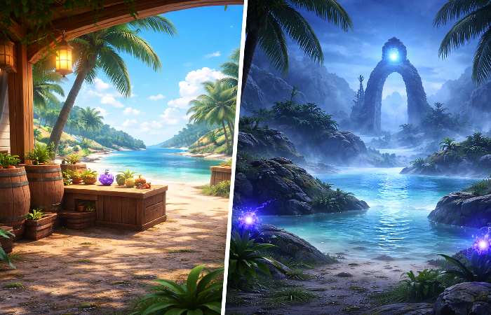 Comparison of a normal island marketplace and a misty Mirage Island environment in Blox Fruits