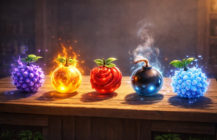 Various glowing Blox Fruits displayed together representing different rarity tiers