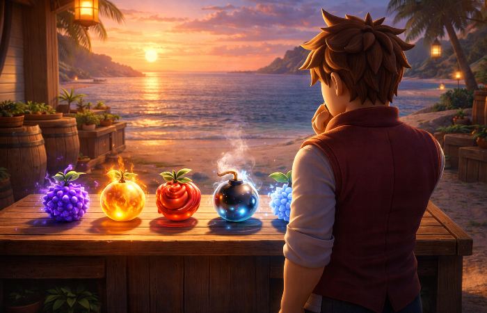 Player character deciding whether to buy fruits at a Blox Fruit Dealer