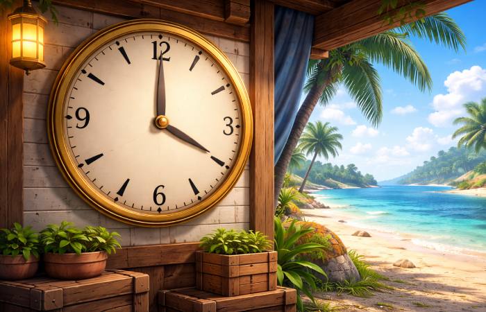 Large clock on a tropical island wall representing the 4-hour stock reset cycle