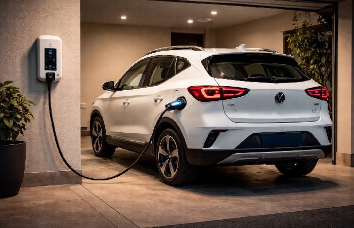 MG ZS EV charging at home using a wall mounted AC charger in a garage