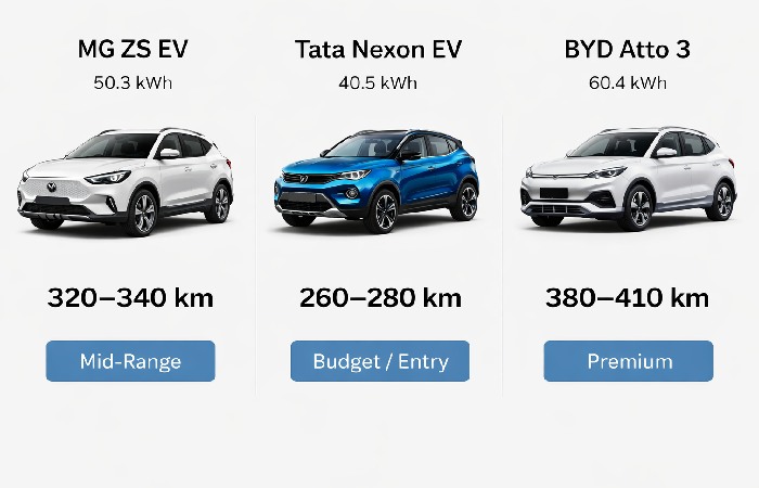 Comparison infographic showing MG ZS EV versus Tata Nexon EV and BYD Atto 3 battery size and real world range