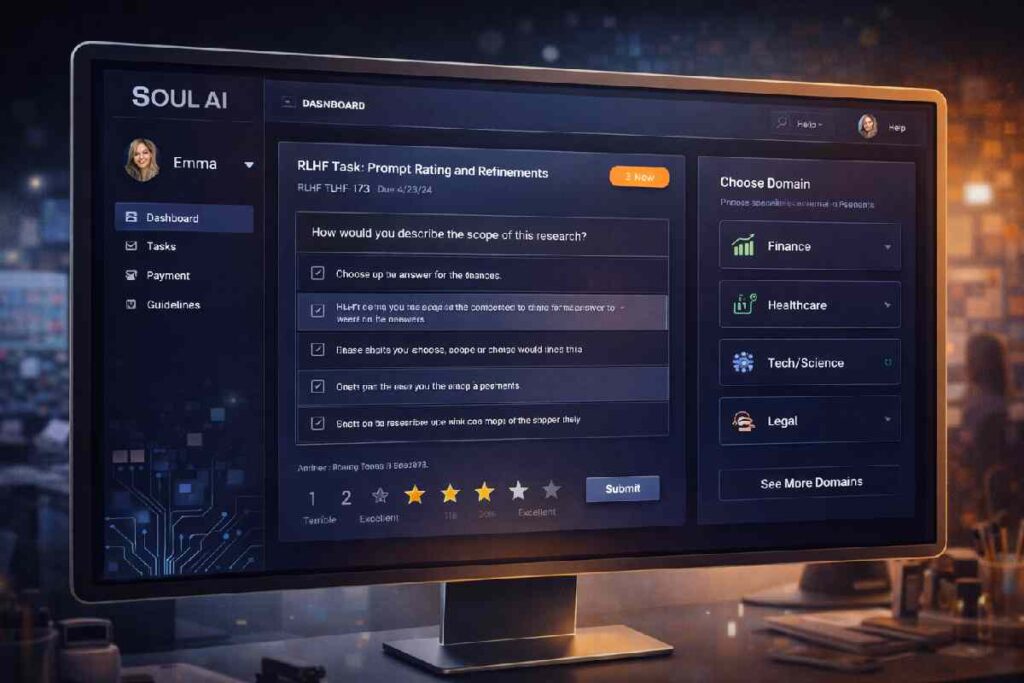 Dashboard view of Soul AI platform showing expert RLHF task interface and domain specialist options.