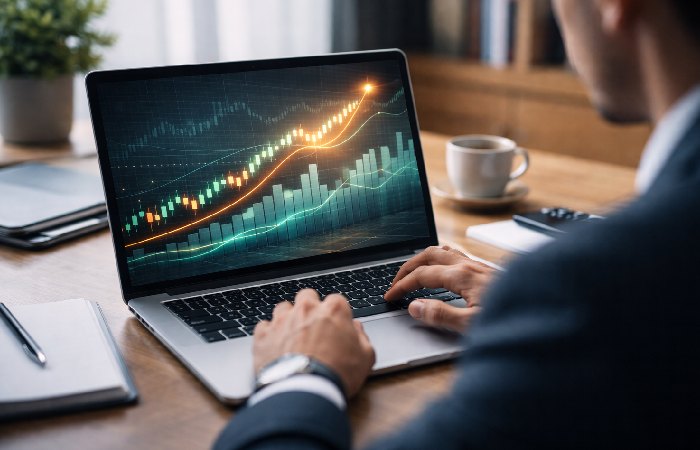 Investor analyzing stock performance on laptop representing long term investment decision making