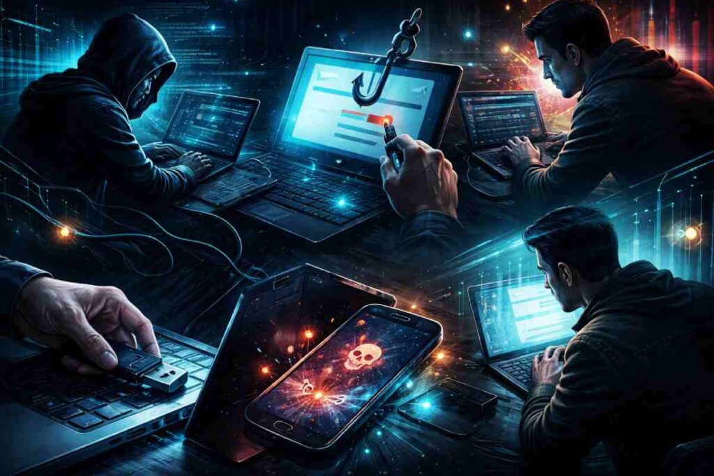 Various Forms of Data Theft Techniques to Know Digital illustration showing multiple data theft techniques including hacking, phishing attack, infected USB device, and compromised smartphone in a cybersecurity setting.