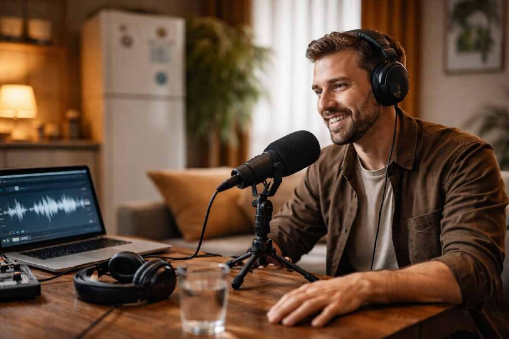 podcaster recording interview in noisy home environment