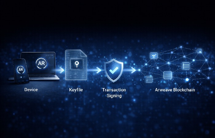 Process of AR wallet signing transactions and connecting to the Arweave blockchain