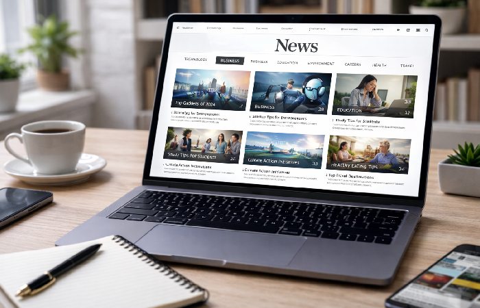 workspace with laptop displaying different news content categories
