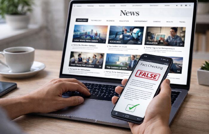 person verifying online news information on laptop