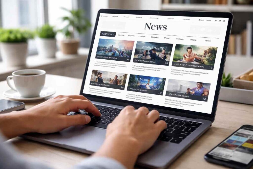 person browsing digital news website on laptop