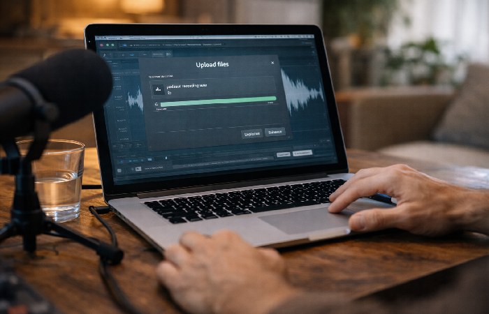 creator uploading audio file on laptop for audio enhancement