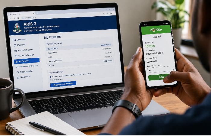 Student paying ARIS 3 UDSM fees using mobile money on smartphone