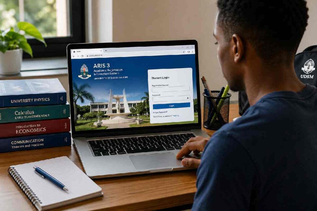 Student accessing ARIS 3 UDSM portal on laptop for login and registration