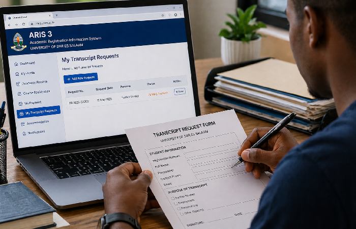 Student preparing transcript request documents for ARIS 3 UDSM