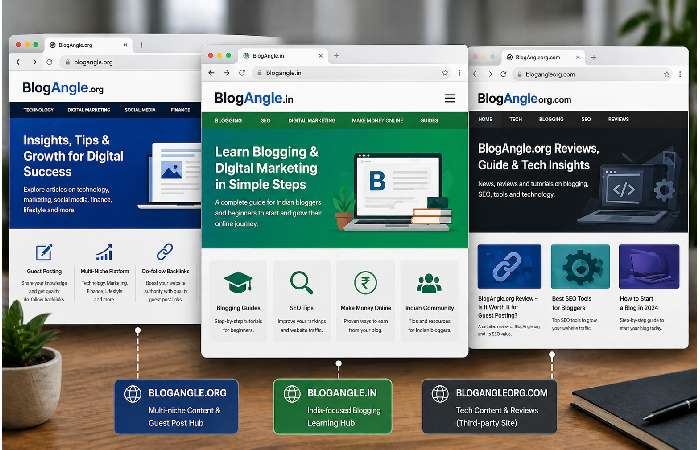 Multiple browser windows showing BlogAngle.org BlogAngle.in and BlogAngleorg.com websites