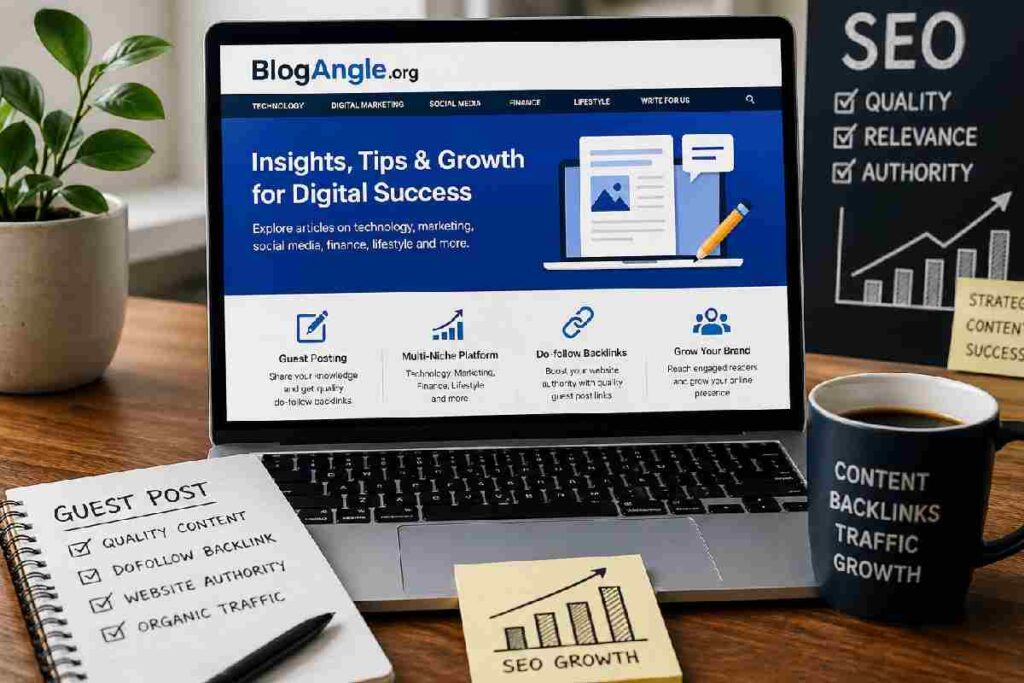 Laptop showing blogging website with SEO analysis and guest posting workspace