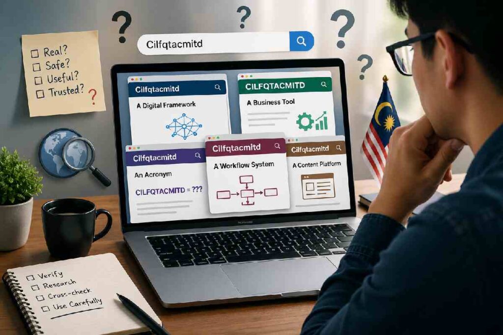 Person checking unusual keyword Cilfqtacmitd on laptop for safety and verification