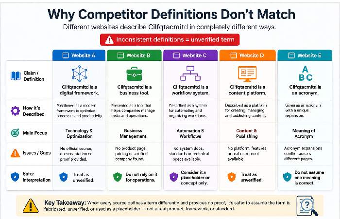 Comparison of different conflicting definitions of Cilfqtacmitd found online