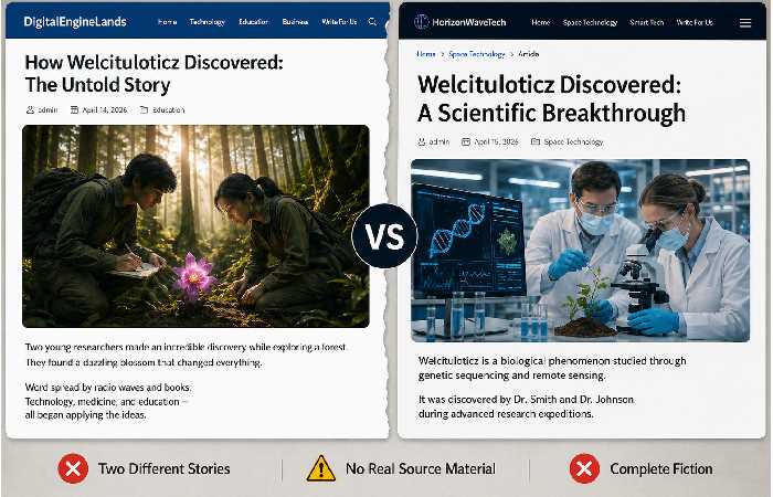 Two different fake scientific discovery stories shown on separate website pages causing confusion