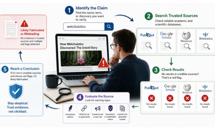 Researcher verifying online claims using academic databases and trusted scientific sources