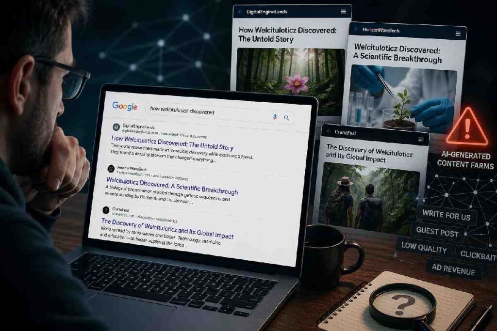 Person checking misleading search results on laptop with suspicious websites and fake articles visible