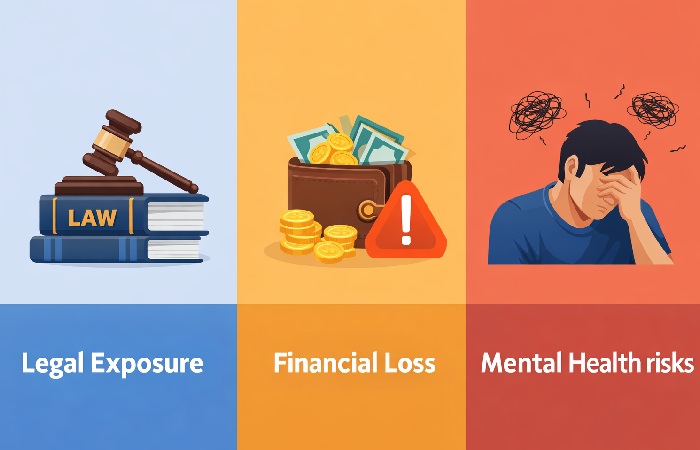 Visual representation of legal financial and psychological risks of gambling
