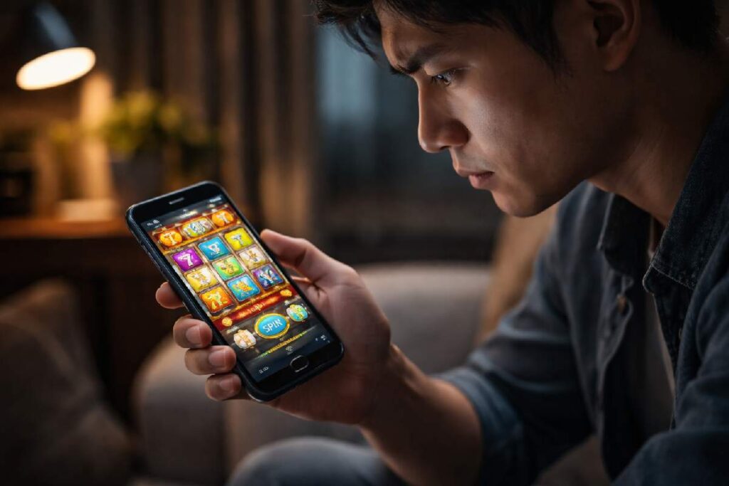 Person viewing online slot game on smartphone with uncertain expression