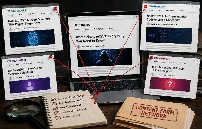 Multiple content farm websites publishing articles about Naolozut253