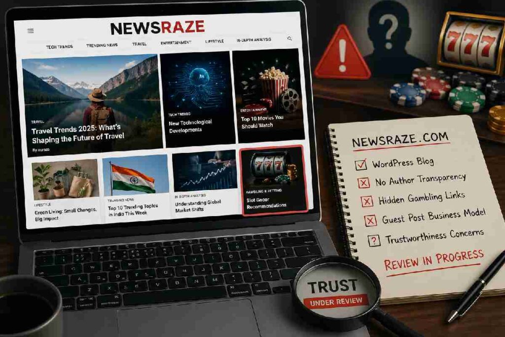 Laptop showing a news-style website with trust warning concept and research notes beside it