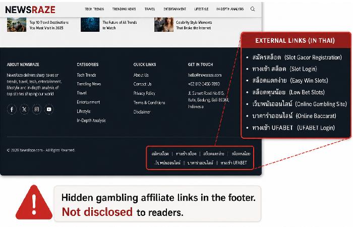 Website footer showing suspicious gambling-related external links and affiliate warning concept
