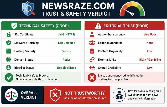 Trust and safety comparison infographic showing technical safety and low editorial credibility