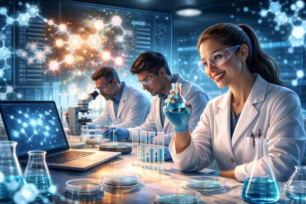 Scientists conducting online peptide research in lab