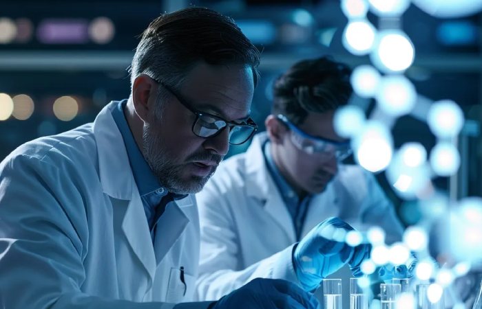 Scientists studying peptide research challenges in lab