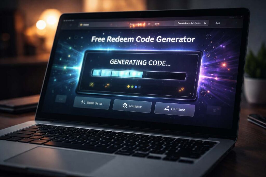 Suspicious redeem code generator website interface on laptop