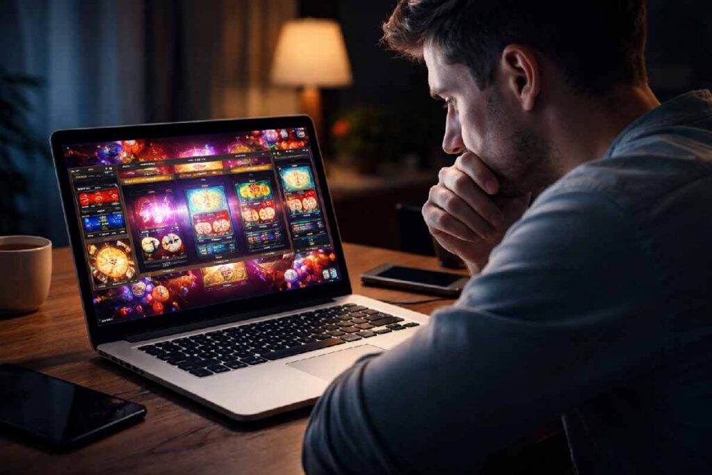 Situs Gacor Evohoki.com Indonesia: Scam & Safety Guide person reviewing suspicious gambling website on laptop