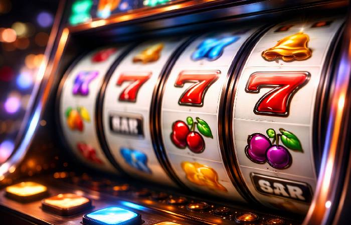 Slot machine reels spinning representing randomness in gambling