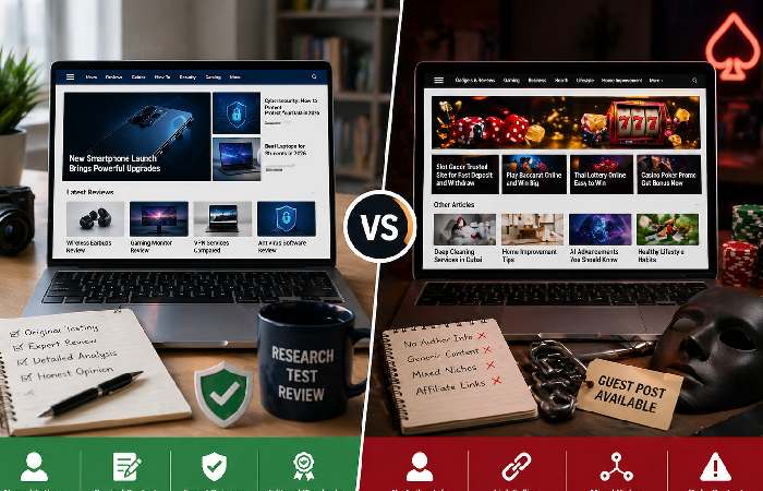 Comparison between a trusted tech news website and a suspicious guest-post style website