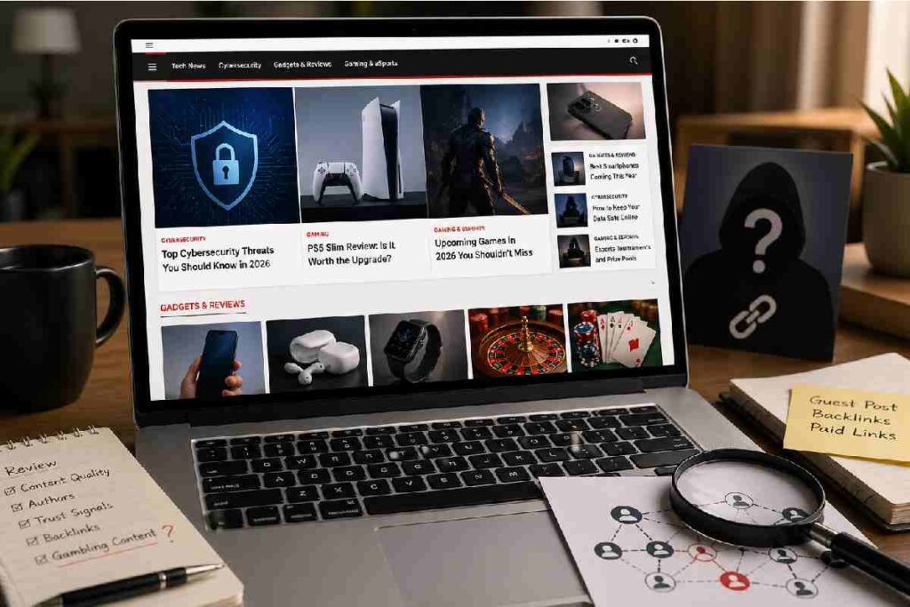 Laptop displaying a tech news website being reviewed for credibility and trustworthiness