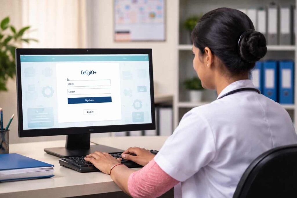 Government health portal login screen with healthcare worker accessing dashboard