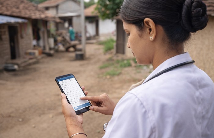 Health worker using mobile app for data entry in rural area