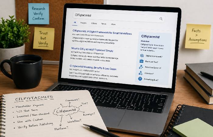 Laptop and notes showing research on a placeholder keyword called Cilfqtacmitd