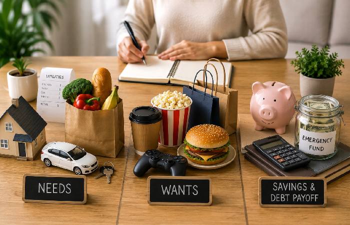 Everyday expenses grouped into needs wants and savings categories
